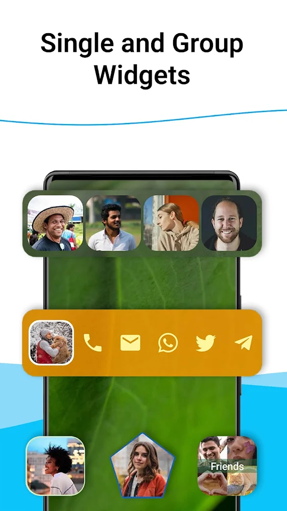 Single and group contact widgets with photos and action shortcuts